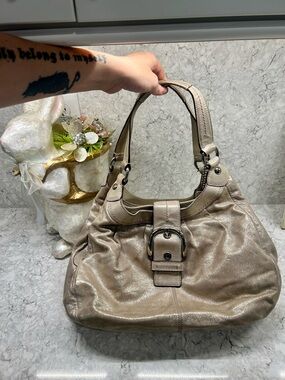 Coach Shimmery Taupe Hobo with Buckle Accent
